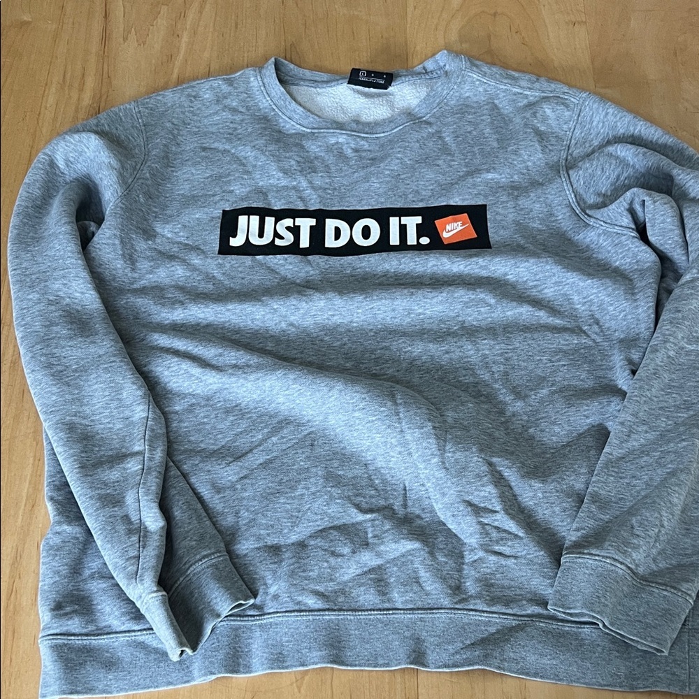 Nike Gray Crewneck Sweatshirt with Black & Orange 'Just Do It.' Logo